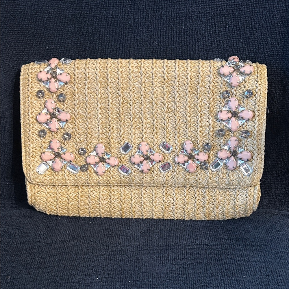Glint Hand Beaded Straw Clutch Crossbody with Pink, Clear & Smoky Crystals